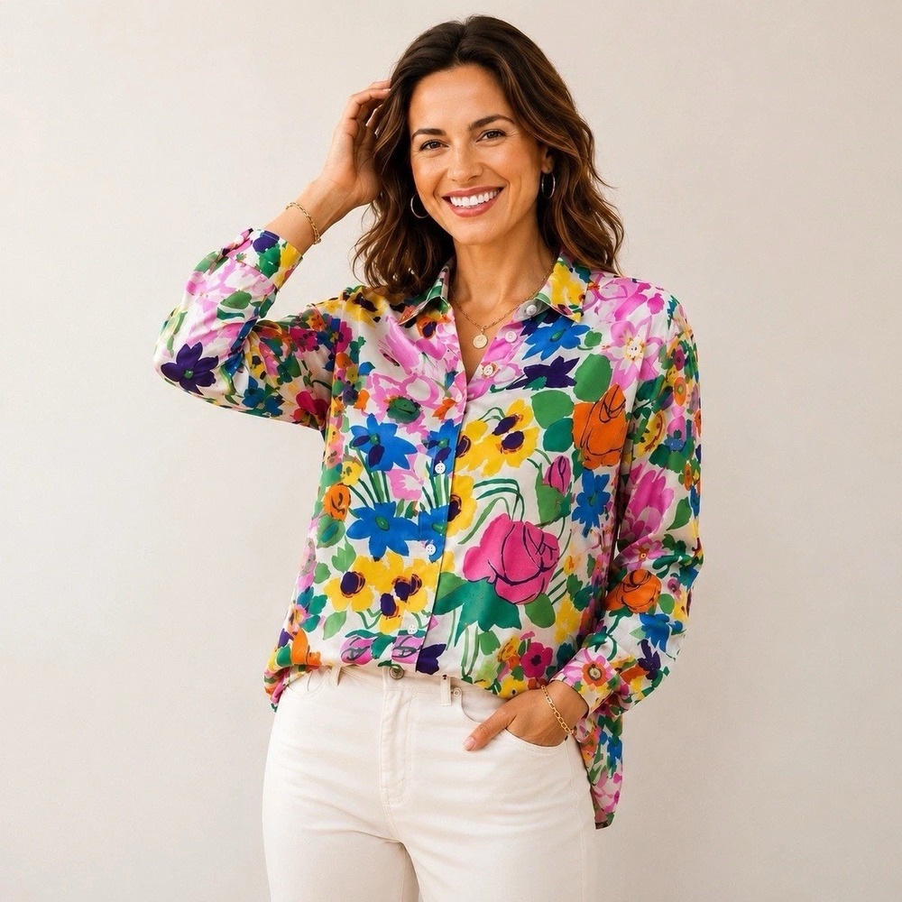J.Crew Collection Silk Twill Vibrant Garden Print Button Shirt Floral Blouse 4